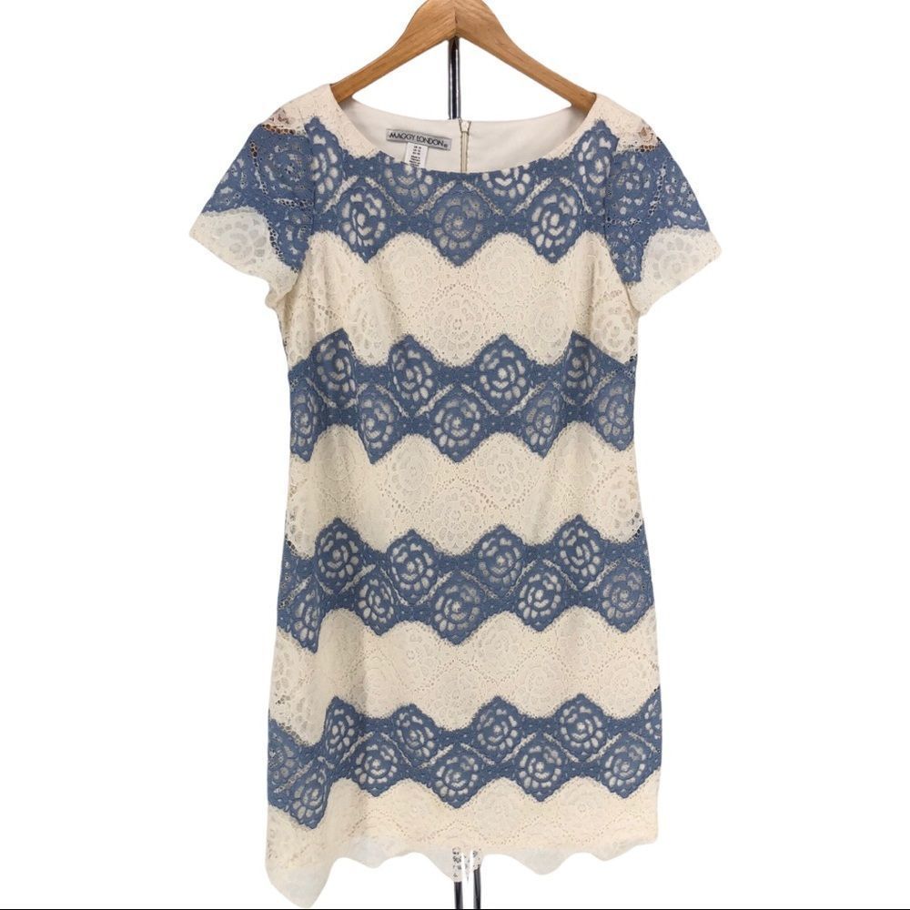 Maggy London Blue White Lace Striped ZigZag Short Sleeve Dress Size 10